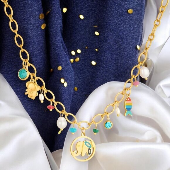 🆕18K Gold Plated Colorful Elephant Turquoise Fish Pearl Charm Necklace + Gift🎁 - Picture 8 of 15